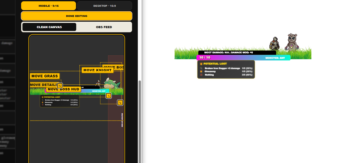 Drag-and-drop Whatnot OBS overlay layout editor beside the live output