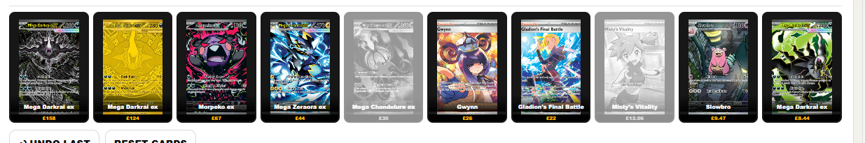 Pokemon Breaker chase card controls with card images, titles and prices