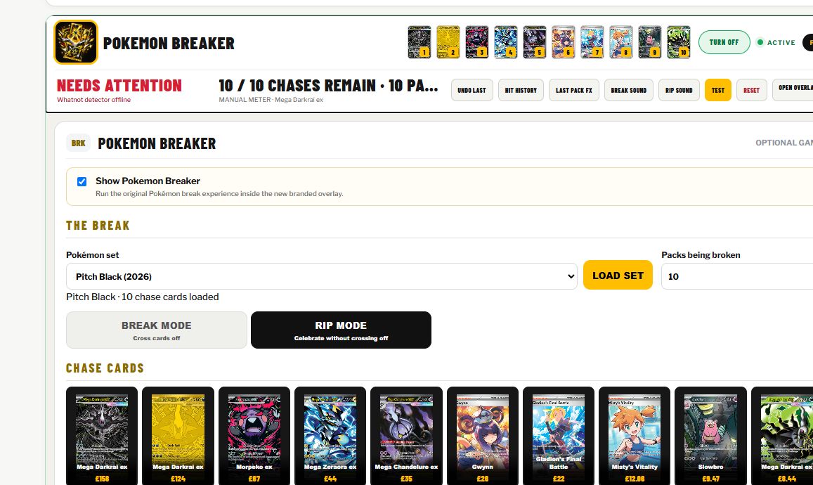 Fantasy Road Live Pokemon Breaker controls with loaded chase cards and prices