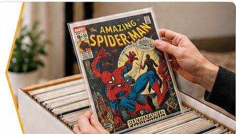 Hands lifting an Amazing Spider-Man comic from a long box