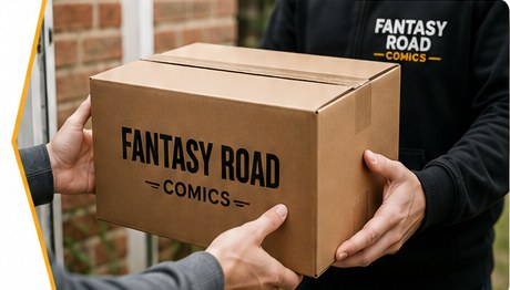 Fantasy Road courier handing over a sealed box of comics