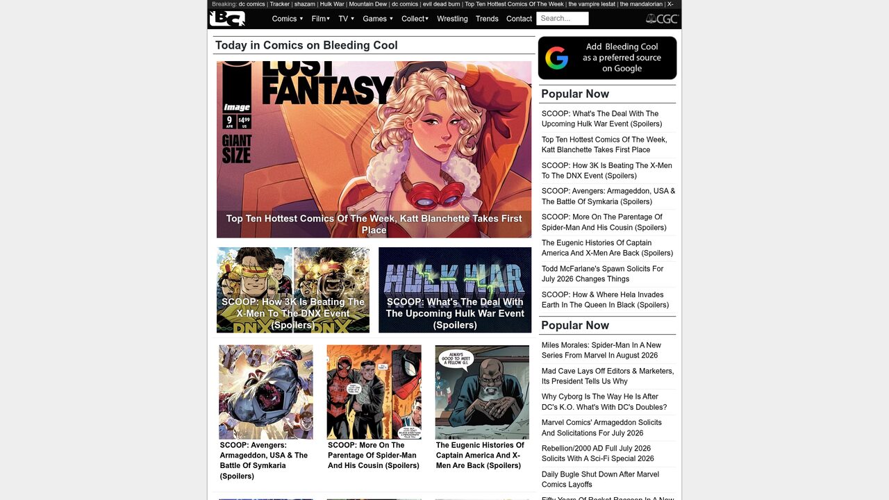 Screenshot of the Bleeding Cool website