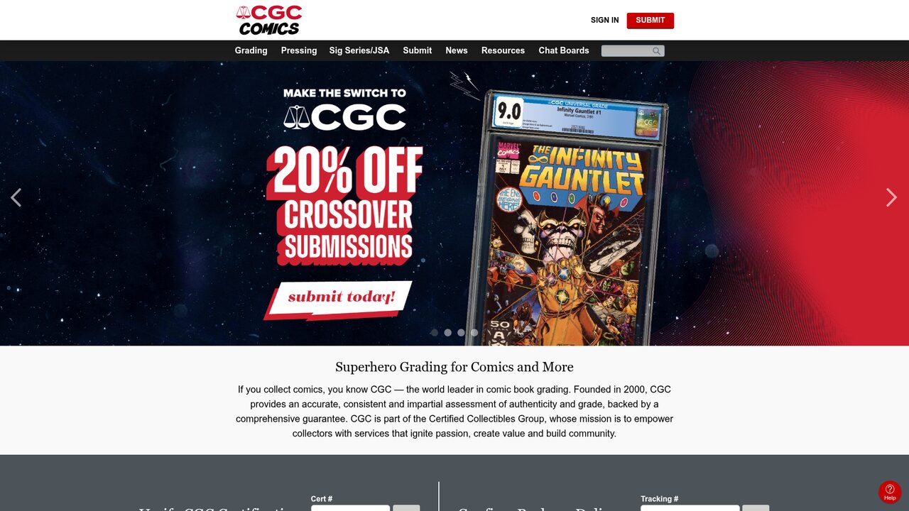 Screenshot of the CGC (Certified Guaranty Company) website