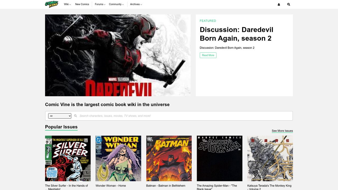 Screenshot of the Comic Vine website