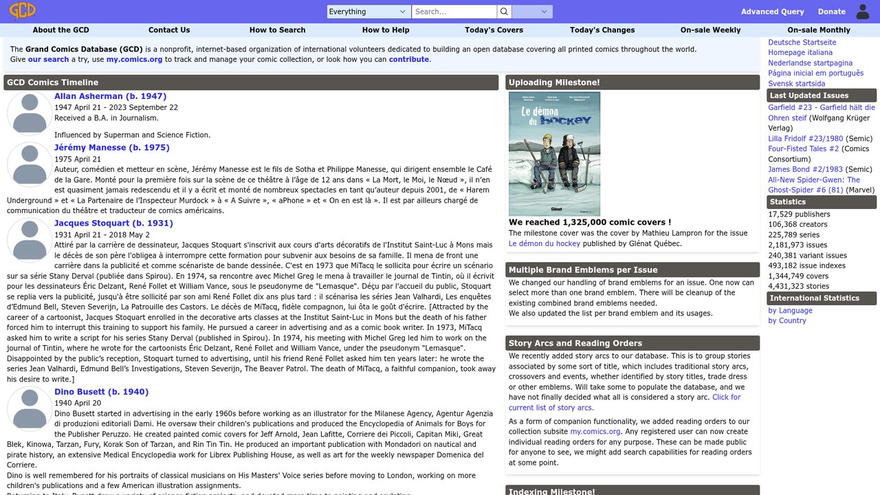 Screenshot of the Grand Comics Database (GCD) website