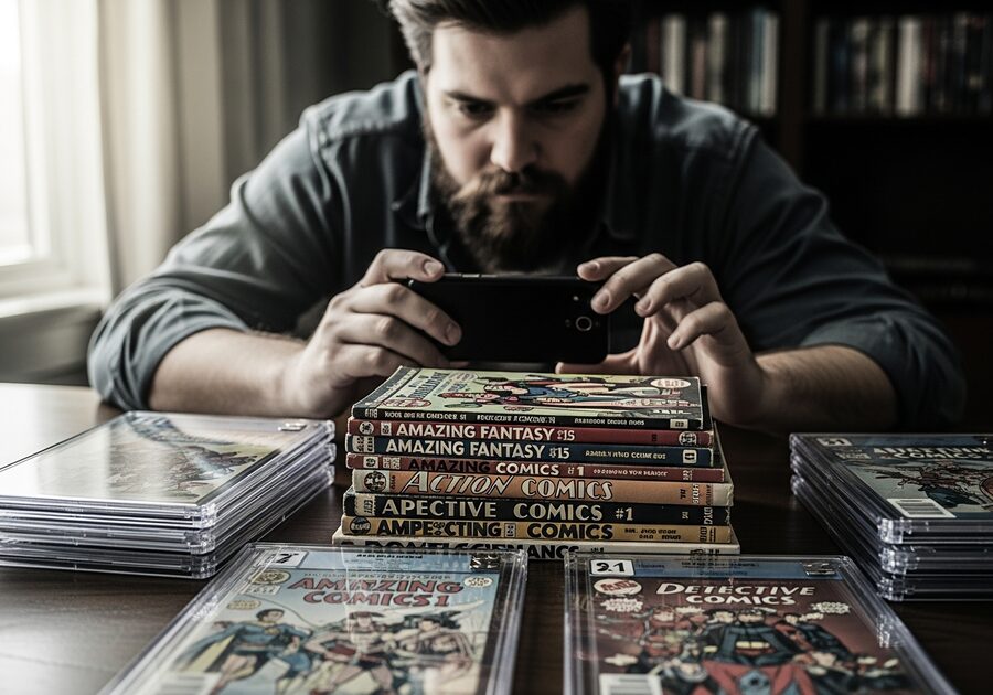 Collector photographing comics with a phone