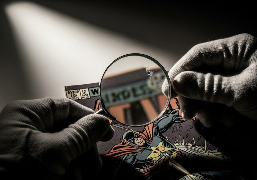 Gloved hands inspecting a comic with a magnifying glass