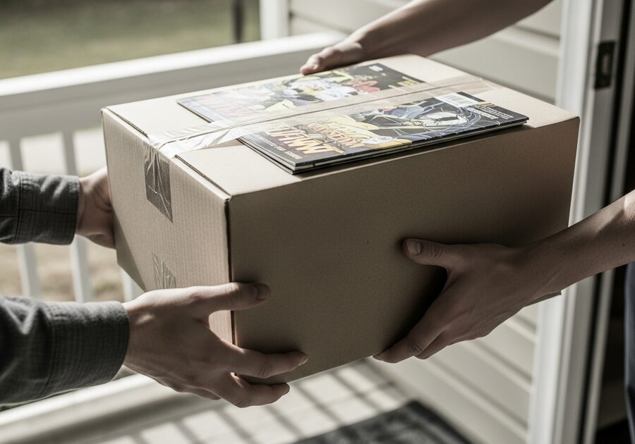 Sealed box of comics handed to a courier