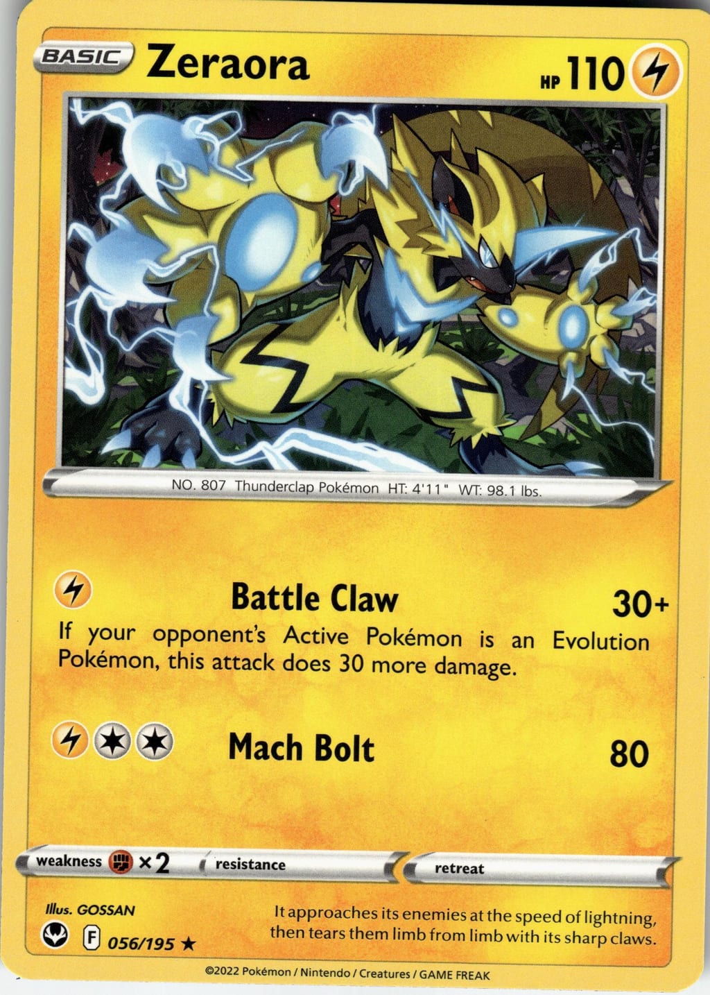 Zeraora Rare Sword & Shield—Silver Tempest 056/195 NM